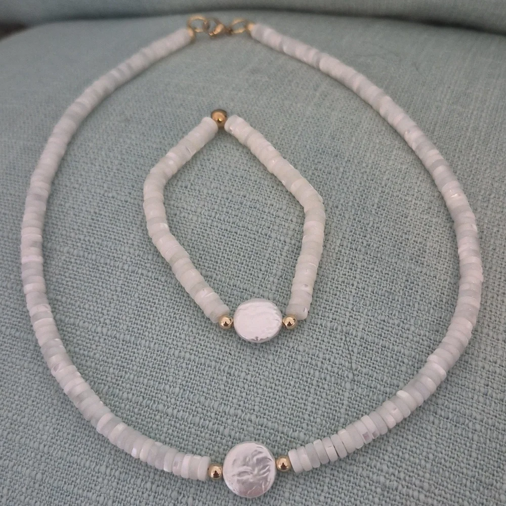 Natural Mother.of Pearl White Slices Of Pearl Rings & Pearl Coin Choker,Braclet - Picture 6 of 7